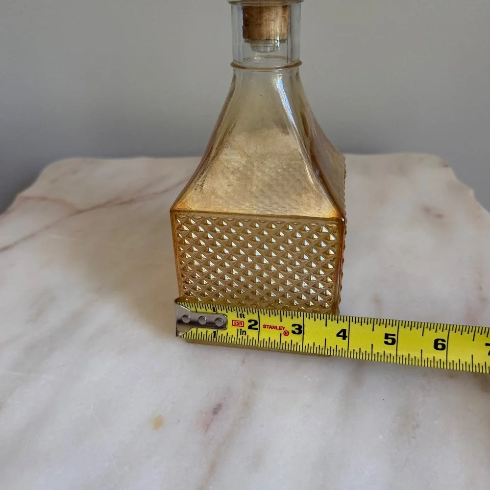 Vintage Amber Glass Decanter Square Diamond Point Hobnail Stopper Mid Century